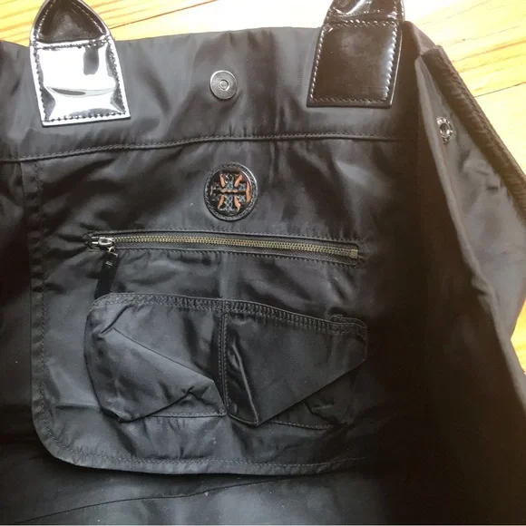 Tory Burch Ella Black Leather Nylon Tote Bag, EUC, 16.5”